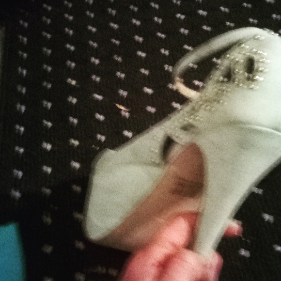 Size 8 sexy suede light turquoise heels w/gold runestones on the top side - Picture 3 of 3